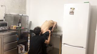 rough and wild in the kitchen! throat fuck ends in a pool of squirt