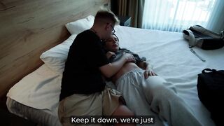 Step Mom and Step Sister Share Bed with Step Son in Wild Hotel Fuck